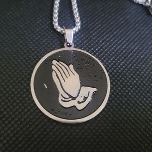 14K WG Plated Stainless Steel Praying Hands Medallion and 24* Box Chain